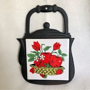 Vintage Ceramic tile Cast Iron teapot shapedTrivet Red Apples strawberry tulips